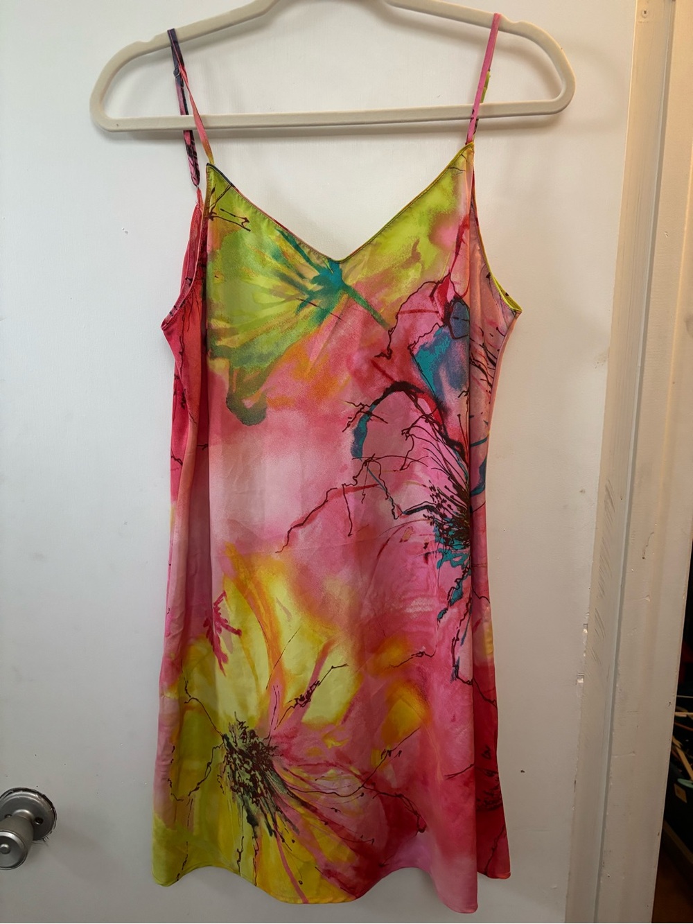 Natori orange pink watercolor floral midi slip nightgown chemise dress size M